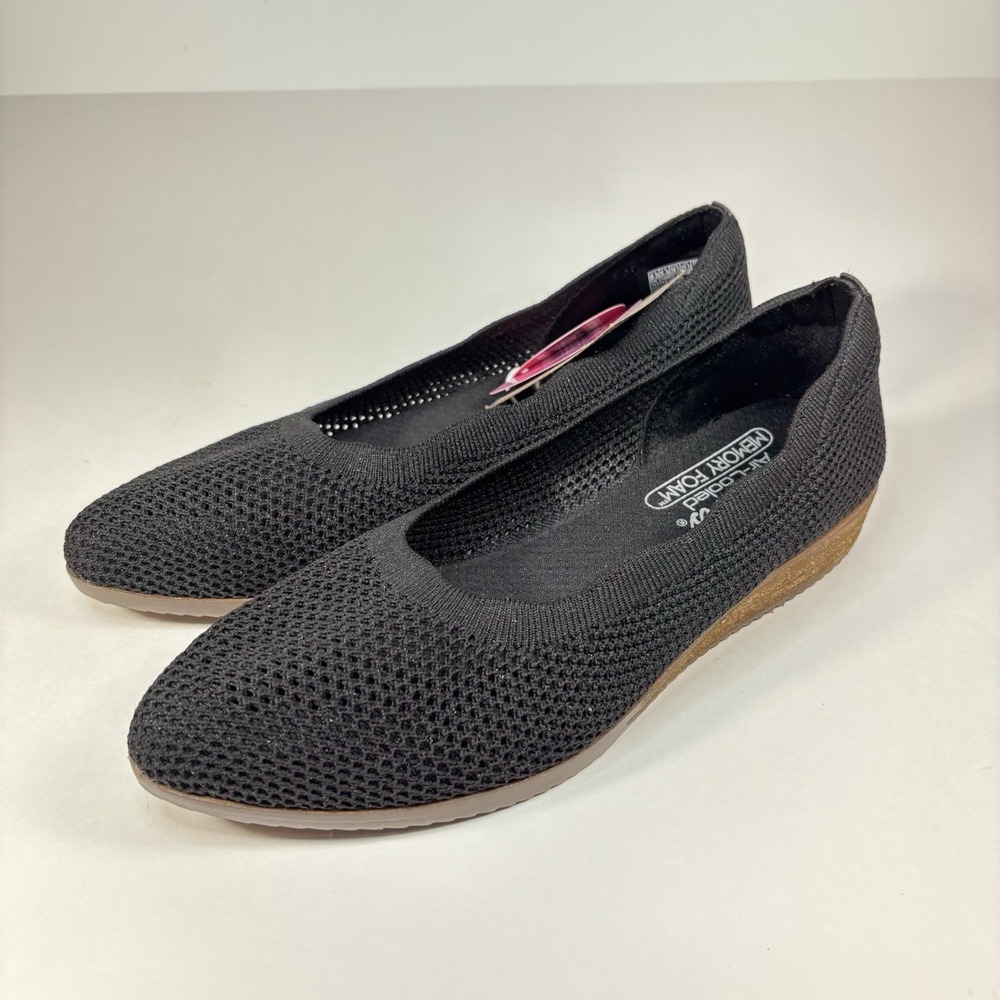 Skechers Women's 8.5 Cleo Sawdust Knit Wedges Black Shimmer Scalloped Edge